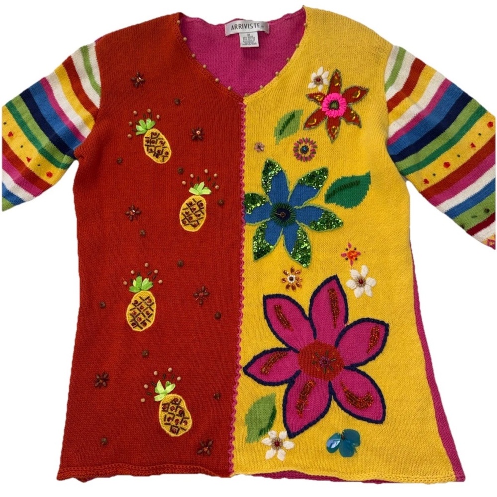 Vintage ARRIVISTE Funky Sweater Ramie Cotton Blend Colorful Embroidery Gems Sz M